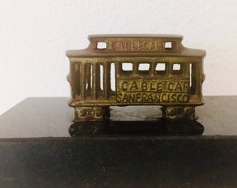 Vintage Picture San Francisco Miniature Brass Cable Car on Marble Base Travel Souvenir Trolly SF