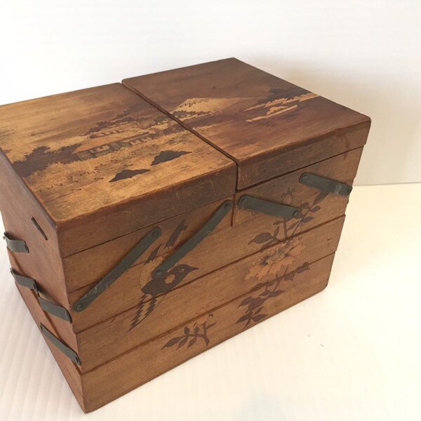 Vintage Japanese Wood Sewing Box Expandable Hinged Caddy Haribako