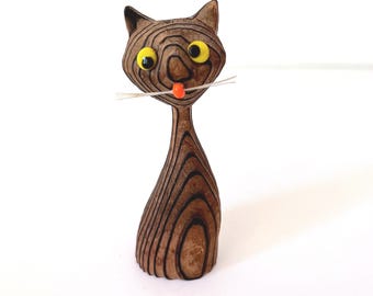 Vintage Cryptomeria Small Cat Signed Carved Wood Wony Japan