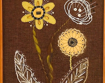 Vintage Large Embroidered Floral Wall Hanging | 20x15 Framed