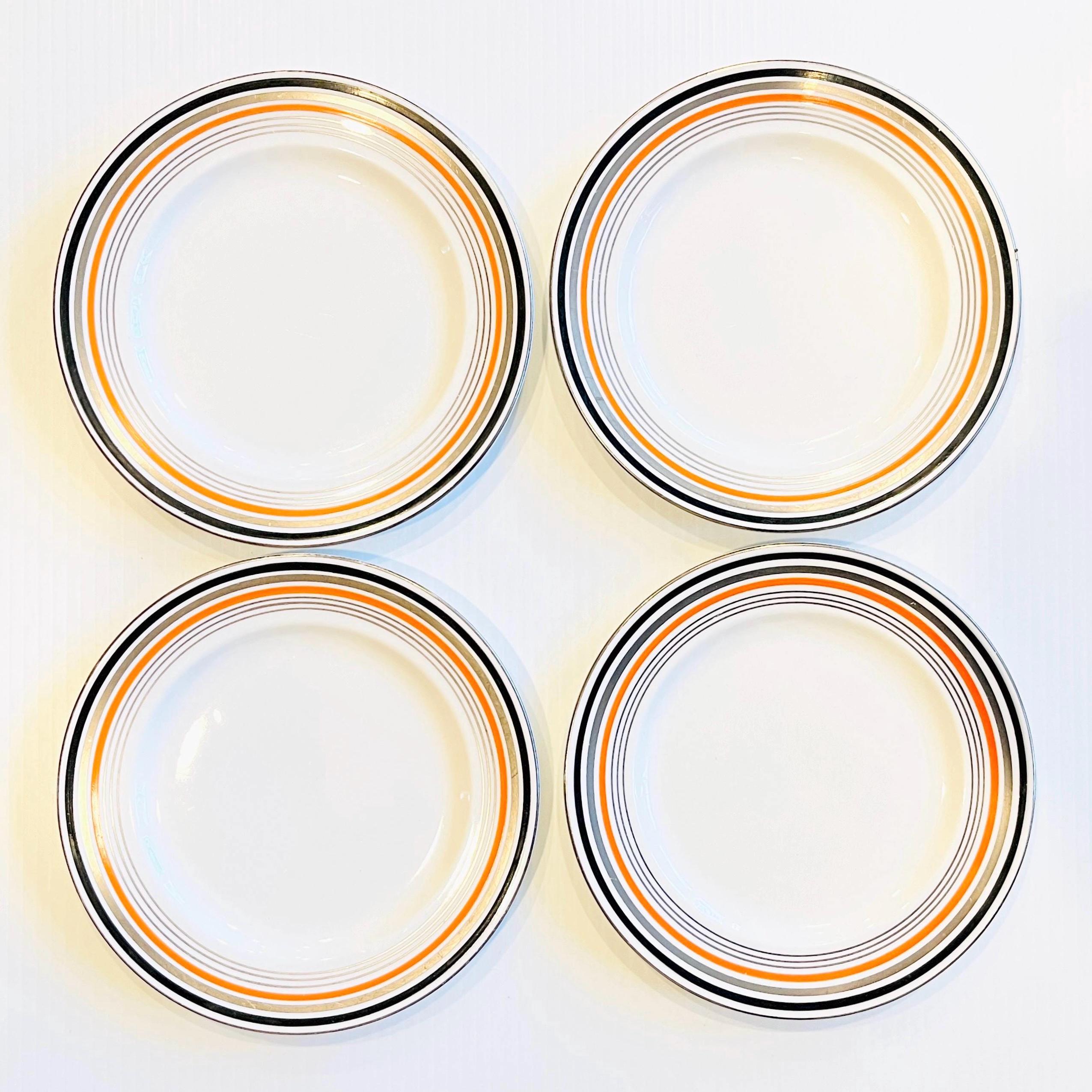 Vintage Set 4 Art Deco Small Plates 7 in Concentric Circles Pattern Orange Silver Metallic LosolWare England