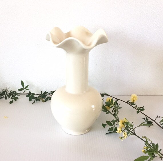 Mid Century Tall Ceramic Ivory Vase 10 in Ruffled Top Wavy Lip Etsy