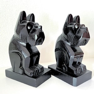 Vintage Pair Wood Black Scottie Dog Bookends Glass Eyes Black Painted Hand Carved