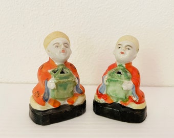 Vintage Pair Hsnd Painted Incense Burners Asian Porcelain Figurine
