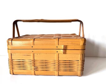 Vintage Woven Bamboo Sewing Basket w/ Hinged Lid Handles 9 in