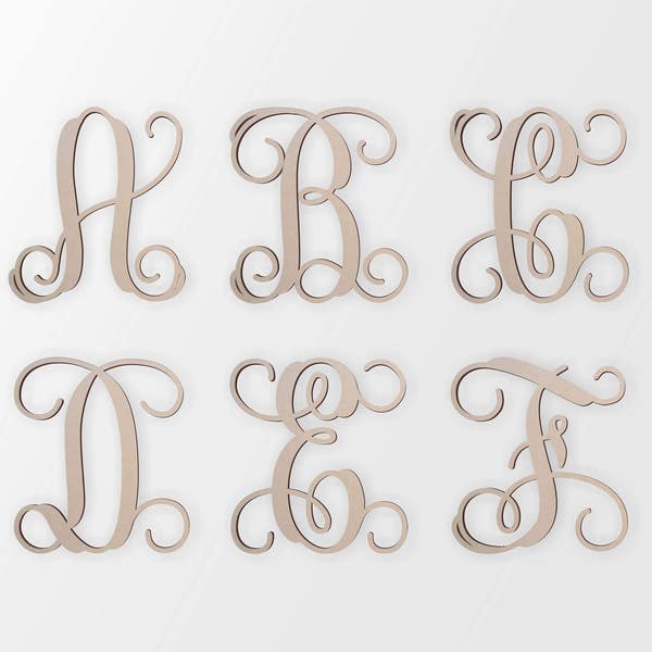 Unfinished Wooden Letters in the VINE MONOGRAM Font Style