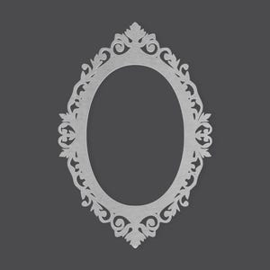 May include: An oval-shaped frame with detailed floral and scroll patterns. The frame is a light colour, possibly white or grey, and has a classic, vintage aesthetic. The frame is set against a dark grey background.