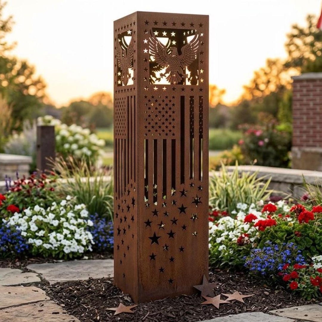 Patriotic Flag Garden Column | Metal Landscape Decor | Outdoor Yard Art ...