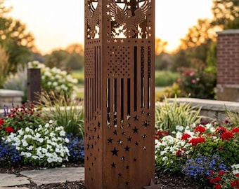 Patriotic Flag Garden Column | Metal Landscape Decor | Outdoor Yard Art