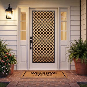 May include: Exterior shot of a white front door with a black decorative screen. Potted plants and a welcome mat are either side of the door. A black lantern hangs above the door, lighting the entrance.