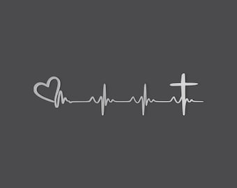 Metal Wall Art Metal Sign "Heart Beat Monitor Heart and Cross"- Cutout, Wall Art, Home Decor, Wall Hanging, Unfinished Ready to Paint