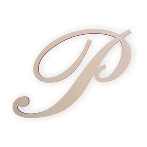 May include: A wooden letter "P" in a cursive style. The letter is a light beige colour with a darker brown edge, set against a white background. The design is elegant and suitable for home decor or craft projects.