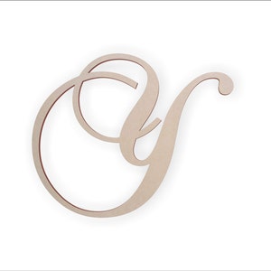 May include: A wooden letter "Oy" in a cursive font. The letter is a light beige color with a thin, dark brown outline. The design is simple and elegant, suitable for home decor or craft projects.