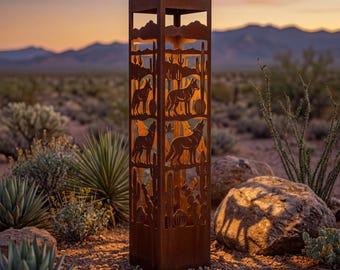 Rustic Metal Coyote Garden Column Tall Planter Stake Desert Southwest Decor