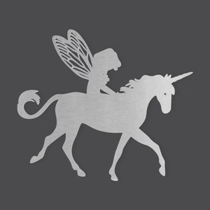 Arte de pared de metal, letrero de metal, unicornio montado en hadas, recorte de metal, arte de pared, decoración del hogar, colgante de pared, sin terminar y disponible en muchos tamaños