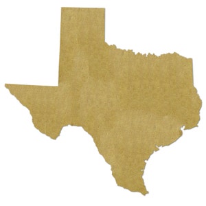 May include: A tan-colored cutout of the state of Texas, isolated on a white background. The paper-like material has a slightly textured surface. The shape is a simple outline of the state.