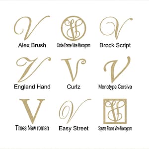 Puede incluir: Nueve estilos de fuente diferentes para la letra V, incluyendo Alex Brush, Circle Frame Vine Monogram, Brock Script, England Hand, Curlz, Monotype Corsiva, Times New Roman, Easy Street y Square Frame Vine Monogram.