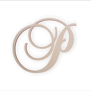 May include: A wooden cutout of the letter "P" in a cursive script style. The letter is a light brown color and has a slightly distressed finish.