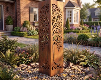 Metal Garden Column Tall Planter Stake Rustic Yard Art Outdoor Decorative Sculpture Post