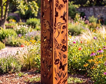 Columna metálica de jardín con colibrí, estaca alta para jardín, arte rústico para patio, decoración de jardín exterior, escultura de jardín con colibrí