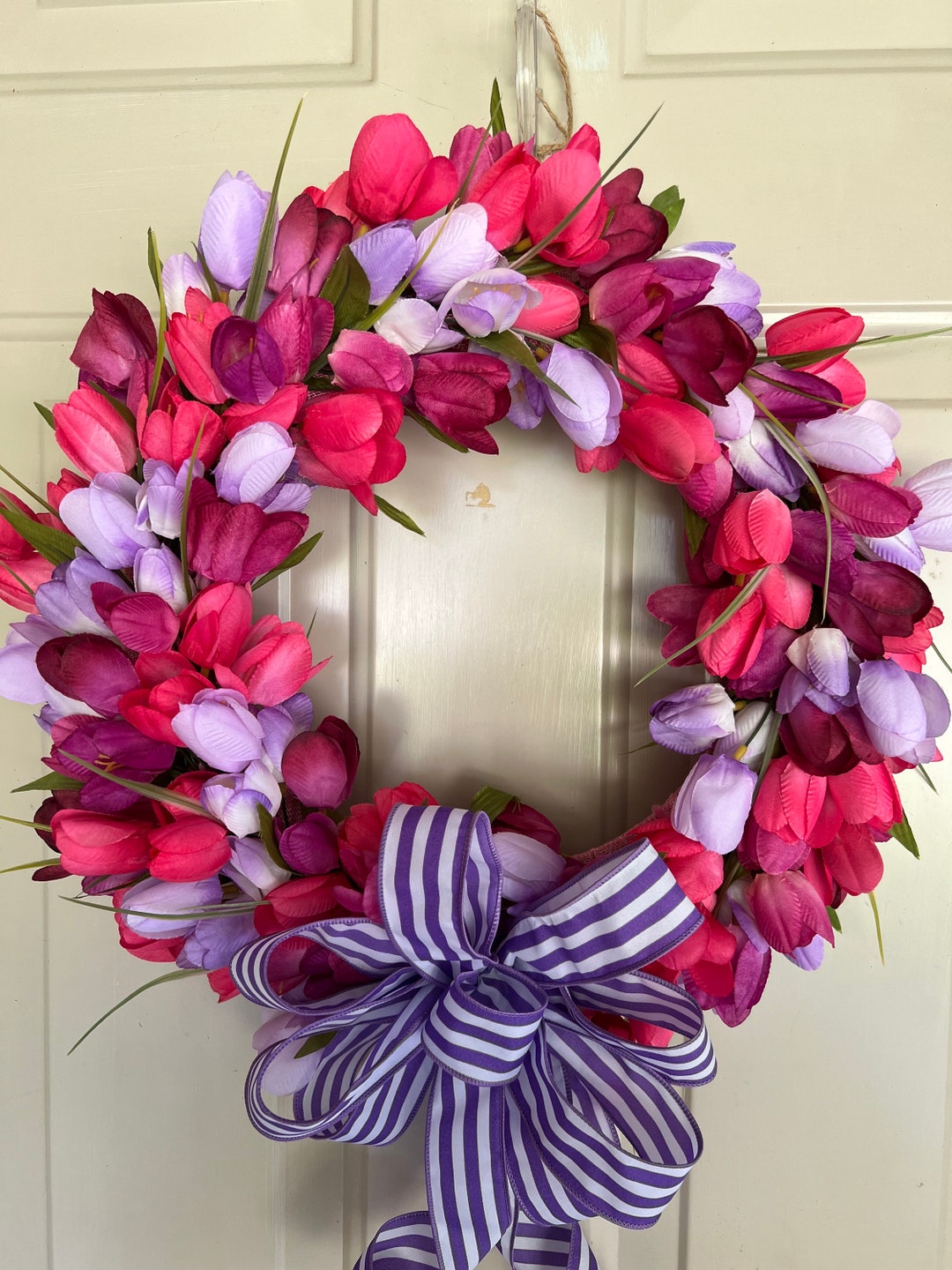 Spring Tulip Wreath: Pastel Door Decor With Bow - Etsy
