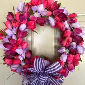 Spring Tulip Wreath: Pastel Door Decor with Bow