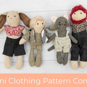 Könnte beinhalten: Ein Set mit vier Mini-Puppenkleider-Schnitten, darunter ein Hase, ein Junge, eine Katze und ein Mann. Die Schnitte sind zum Nähen von Kleidung für kleine Puppen. Mini Clothing Pattern Combo
