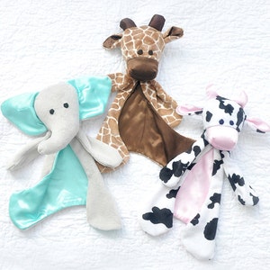 Three Little Lovies Digital Download Sewing Pattern | Giraffe Elephant Cow Baby Shower Gift | Lovey | Security blanket | Baby toy