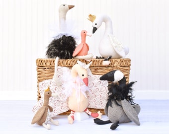 Fancy Flock eBook, Swan Sewing Pattern,  Ballerina Swan, Soft Toy Tutorial, Boho Toy Pattern, Ostrich Goose Peacock Baby Bird, girl sewing
