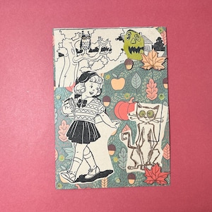 Tarjeta de Halloween de inspiración vintage: El paseo espeluznante de Mary con sus amigos espeluznantes: saludo de otoño
