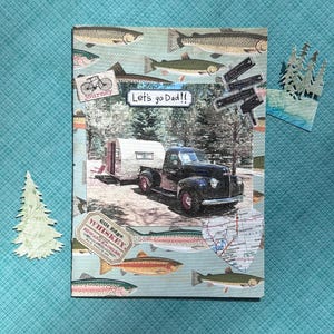 Cartão de acampamento para o dia dos pais, cartão de acampamento em família para o dia dos pais, cartão-presente para viagem de pesca, cartão de viagem de pesca para o pai, arrumando o caminhão,