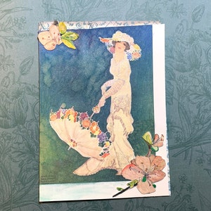 Carte d'amour victorienne vintage : dame attendant l'amour peinte à la main, oeuvre d'art aquarelle historique