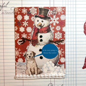 Playful Winter Scene Card: Snowman, Dog, and Lady Throwing Snowballs - Fun Snow Day Illustration