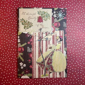 Vintage-geïnspireerde kerstkaart met dame die vogels voedt in besneeuwde scène - Simple Beauty of the Season