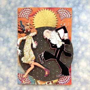 Silhouette vintage enchanteresse : Couple dansant sous une nuit étoilée - Illustration fantaisiste romantique