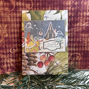 Conjunto de cartões comemorativos vintage com cenas de igreja e família na véspera de Natal - Ilustração retrô de feriado, pacote com 4