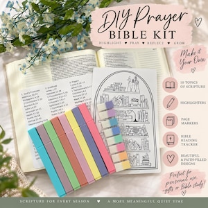 May include: A DIY Prayer Bible Kit featuring an open Bible, a list of scripture topics, a coloring page of a bookshelf, and a set of pastel highlighters and page markers. The text reads DIY Prayer Bible Kit, Highlight, Pray, Reflect, Grow.