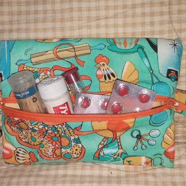 Whimsical Chicken lined zippered pouch toiletries makeup tissue grab bag makeup cosmetic wallet keychain