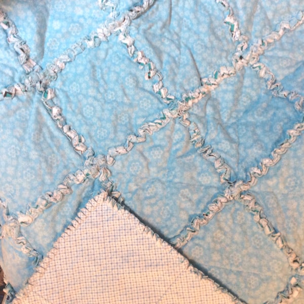 Blue White Plaid Rag Lap Baby Crib Floor Time Car Seat Quilt Twin Full Queen