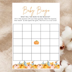 Tarjeta de bingo para baby shower de otoño, juego imprimible para baby shower de calabaza