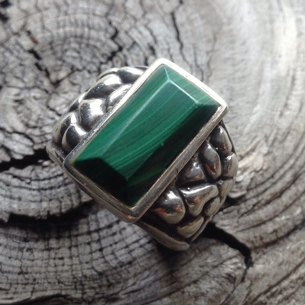 Solid 925 Sterling Silver Malachite Wide Large Band Ring Rectanlge Green Agate Gemstone Unisex Nugget Design Unique Gift Love Masculine