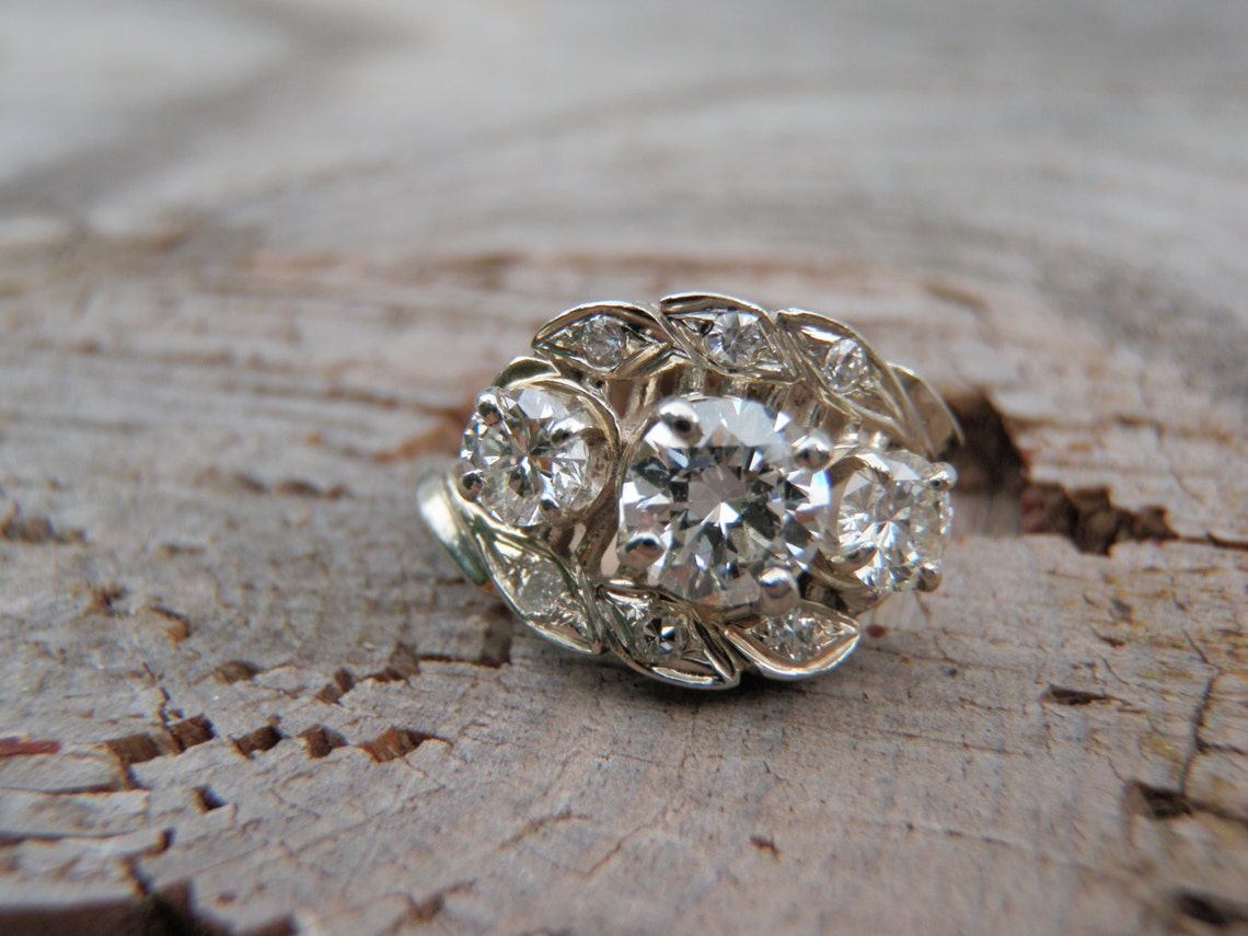 Solid 14K White Gold Diamond Cocktail Ring Leaf Design Unique Etsy