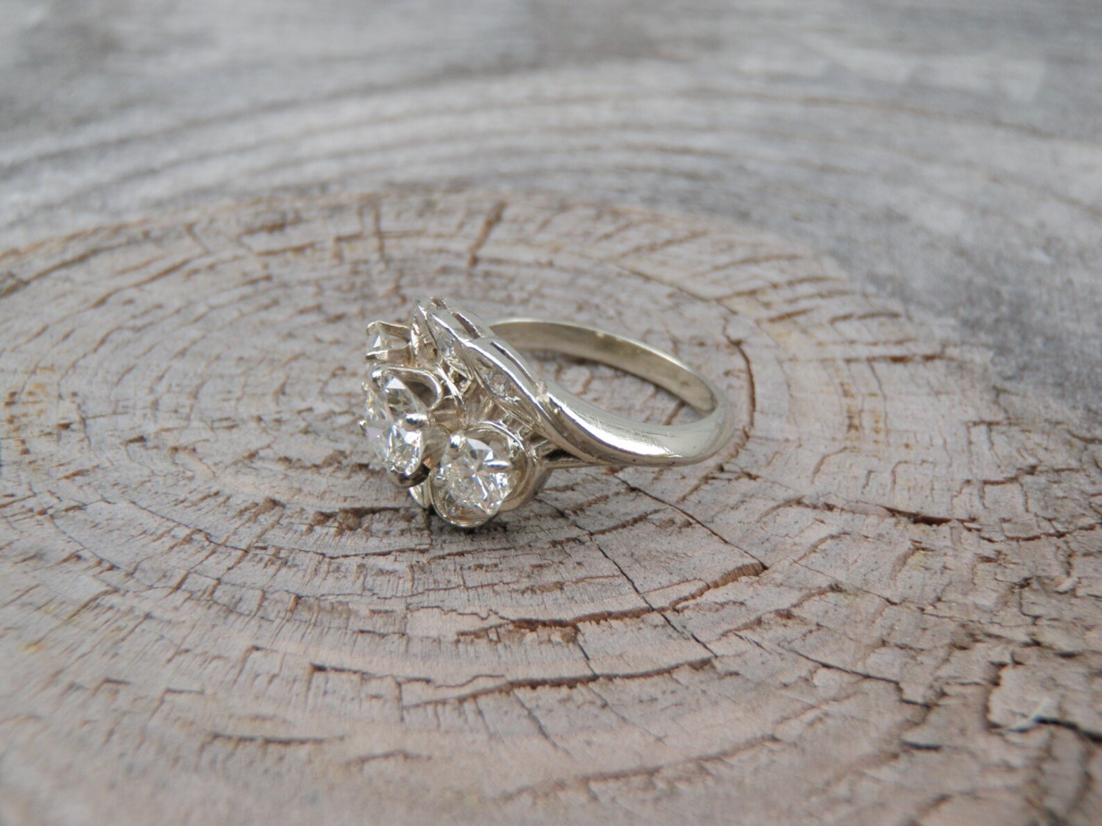 Solid 14K White Gold Diamond Cocktail Ring Leaf Design Unique Etsy