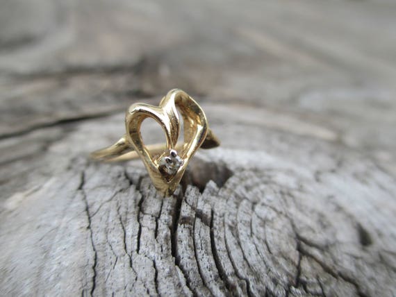 Solid 14K Yellow Gold Diamond Ring Abstract Heart… - image 1