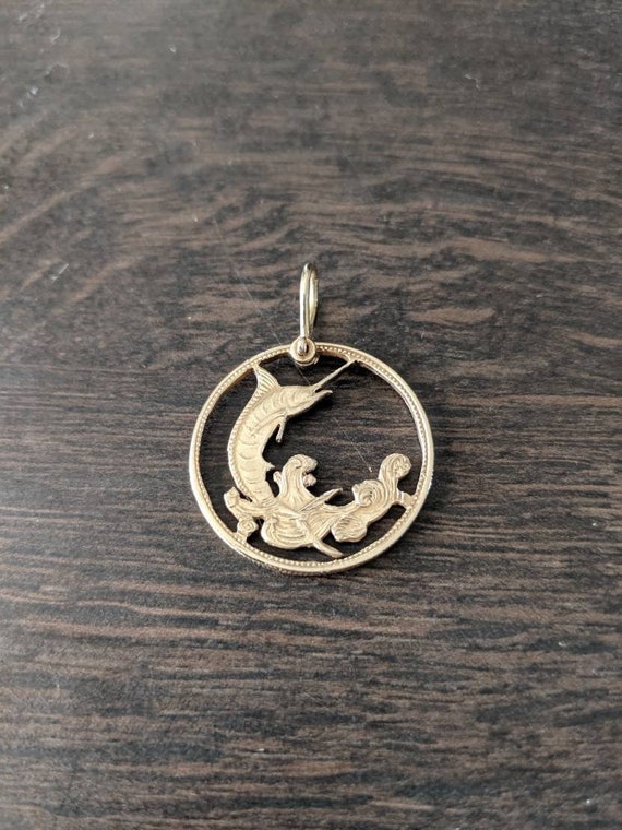 Solid 14K Yellow Gold SwordFish Charm Coin Pendant