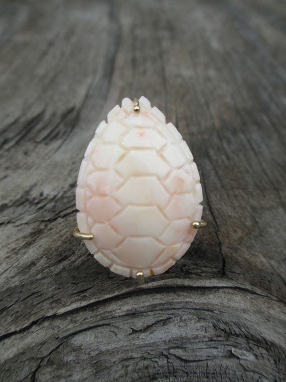 Solid 14K Yellow Gold Coral Turtle Shell Pendant … - image 1