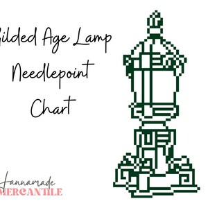 May include: A black and white needlepoint chart of a Gilded Age lamp. The chart is for a lamp with a tall, rectangular base and a round, domed top. The chart is titled "Gilded Age Lamp Needlepoint Chart".
