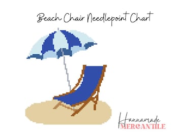 May include: Needlepoint chart of a blue beach chair with a blue and white striped umbrella on a sandy beach. The chart is titled "Beach Chair Needlepoint Chart" and includes the text "Handmade Mercantile".