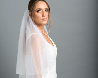 Soft 2 Layers Drop Bridal Veil, Wedding Veil With Blusher & Delicate Pencil-Style Edge - Available in 9 Lengths (Fingertip /Chapel veil)