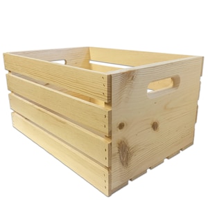 May include: A natural wood crate with a rectangular shape and three dividers. The crate has two cut-out handles on the sides.